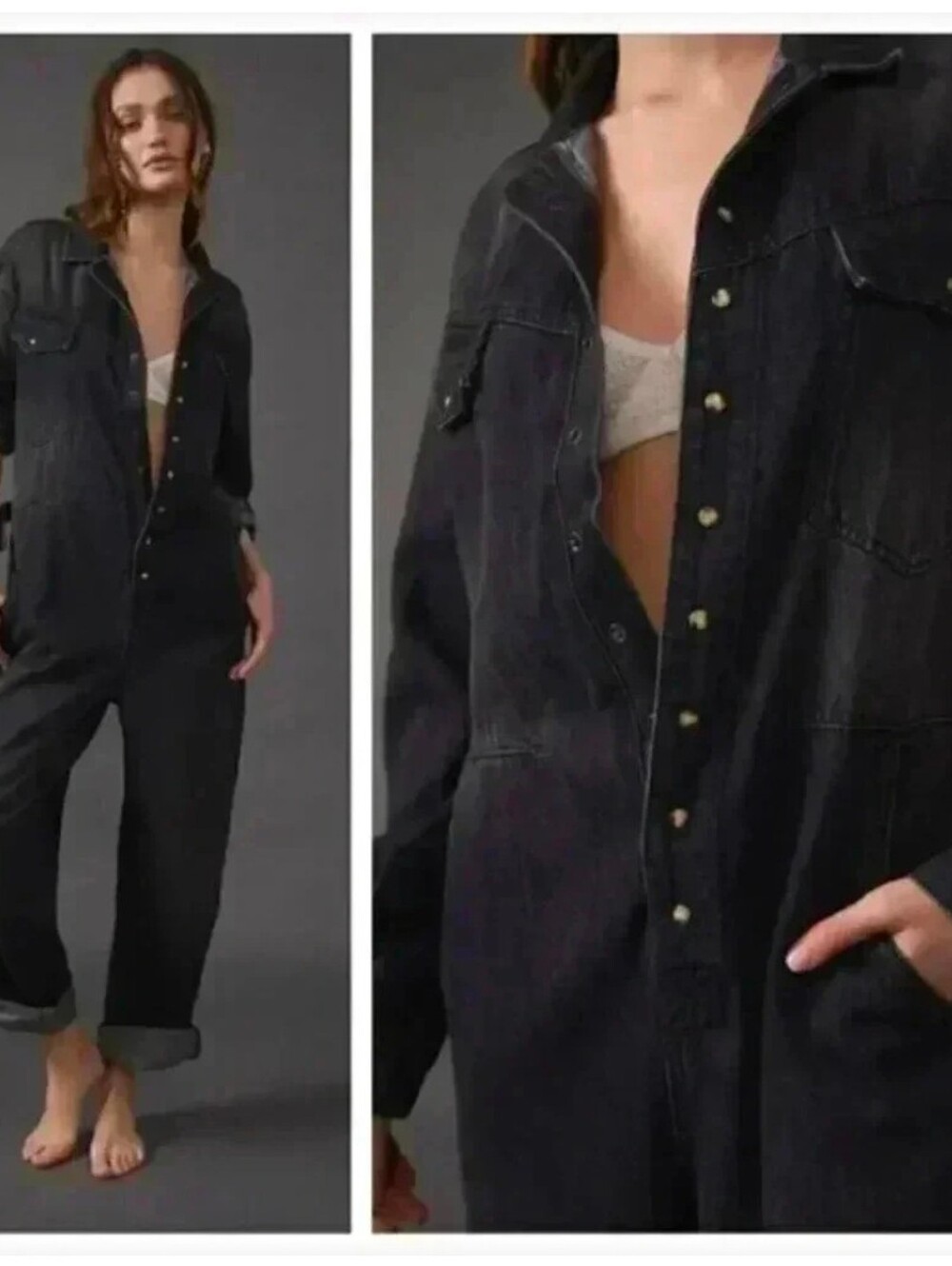 Free People Black Denim Jumpsuit Jeans - Button-Front Coverall Small